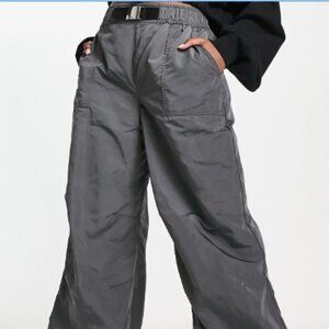 ASOS DESIGN parachute cargo pants with belt detail in techy fabric in gray